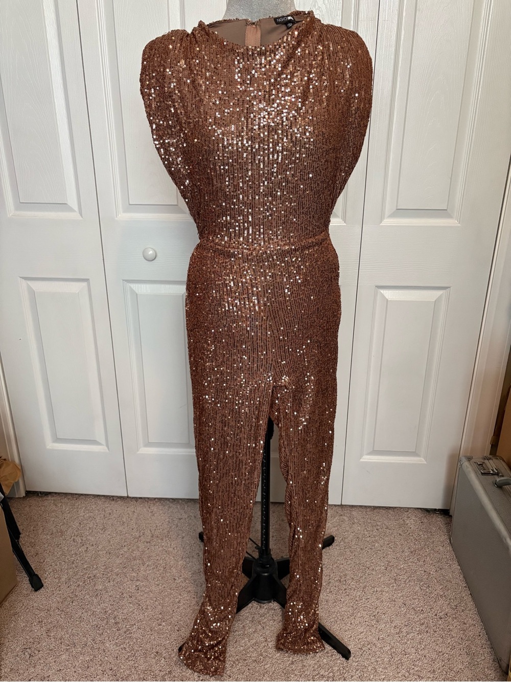Rose Gold Bronze Sequin Shoulder-Pad Jumpsuit Erika Kirk Costume Halloween Large